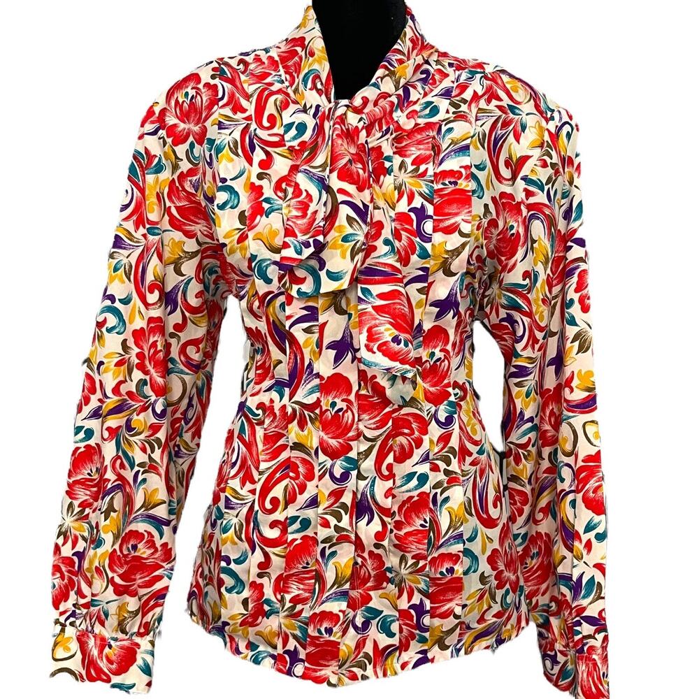 Vintage Alicia Button Up Blouse Women's 10 M Multicolor Secretary Modest Floral